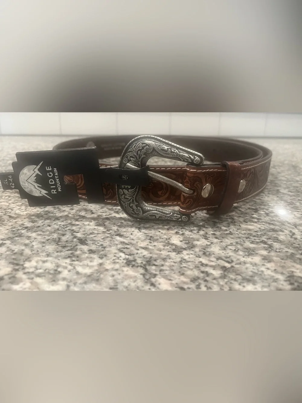 Men's Brown Tooled Leather Belt with Floral Scroll Pattern